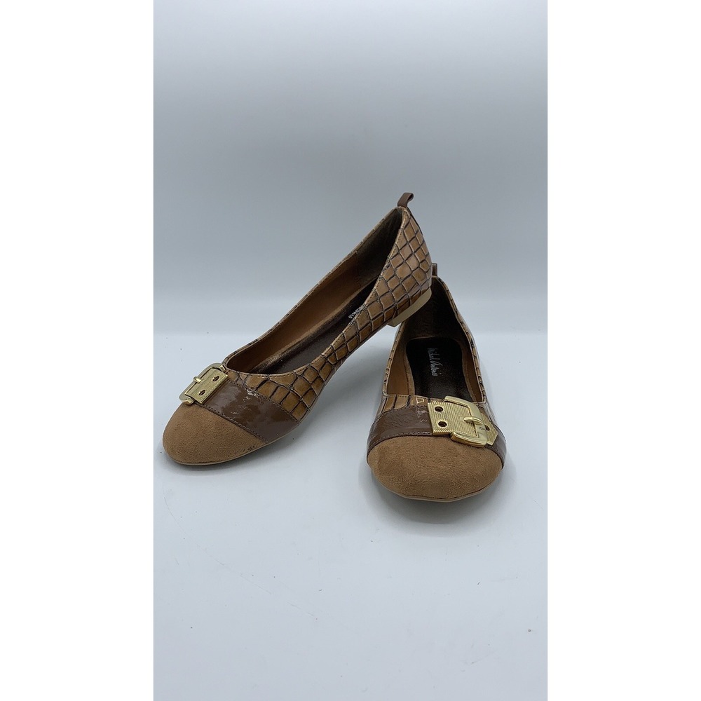 MICHAEL ANTONIO LOW HEEL FLATS SZ‎ 6.5 Tan Brown Buckle Croc Print New